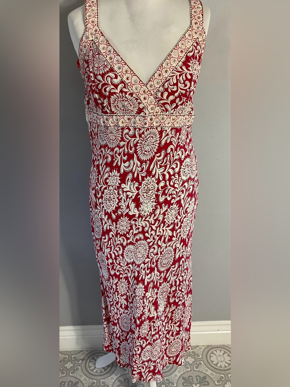 Y2K Paisley Sequin New Look Red and Cream Floral Print Dress